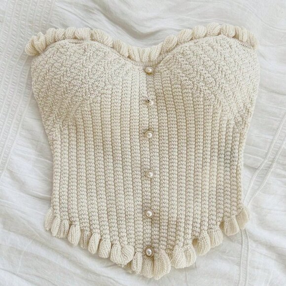Beige Casual Women's Tube Ruffle Knitted Top - Picture 3 of 6